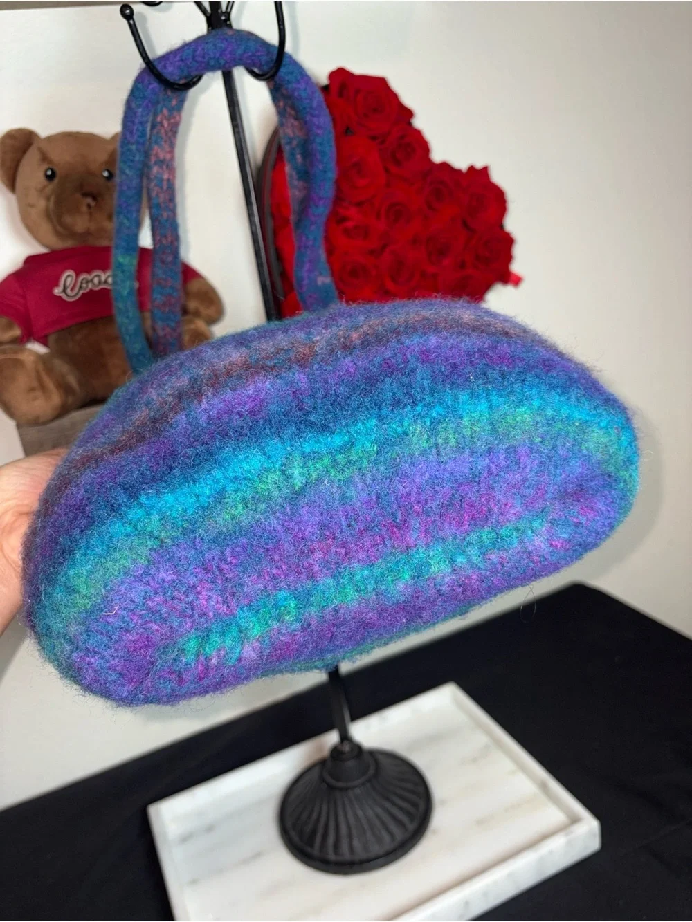 Handcrafted Multicolor Felted Wool Shoulder Bag - Purple & Teal